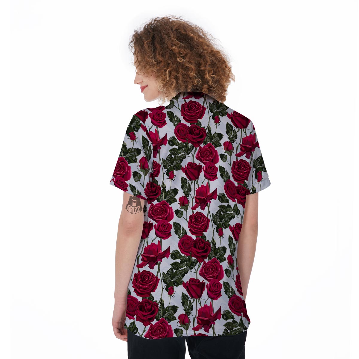Red Rose Flower Print Women's Golf Shirts-grizzshop