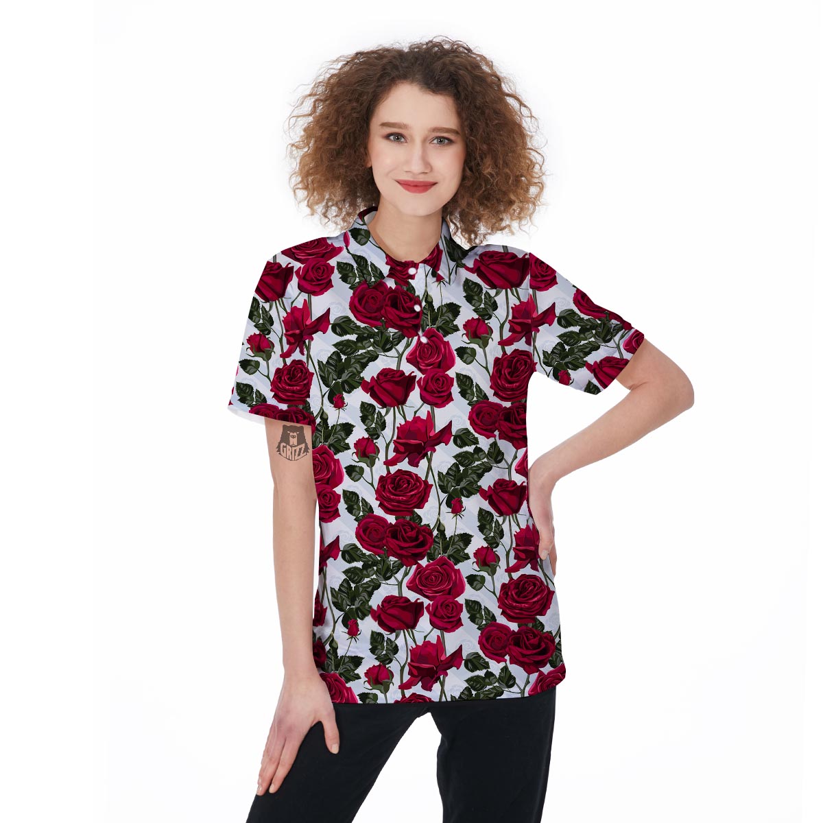 Red Rose Flower Print Women's Golf Shirts-grizzshop