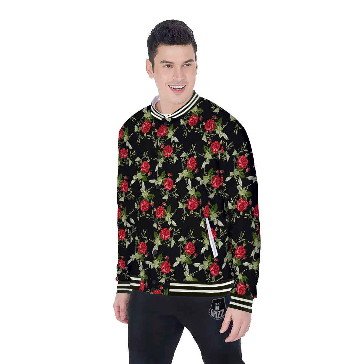 Red Rose Flowers Print Pattern Baseball Jacket-grizzshop