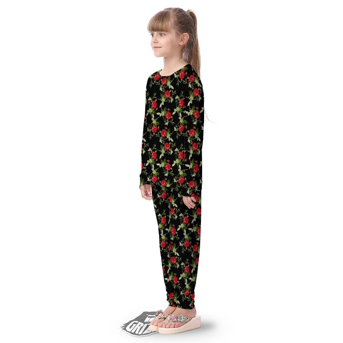 Red Rose Flowers Print Pattern Kid's Pajamas-grizzshop