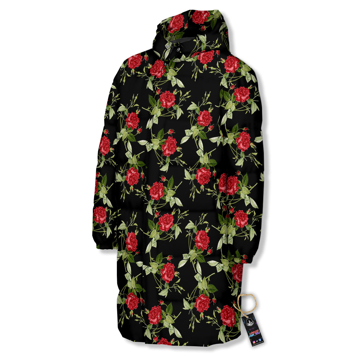 Red Rose Flowers Print Pattern Long Down Jacket-grizzshop