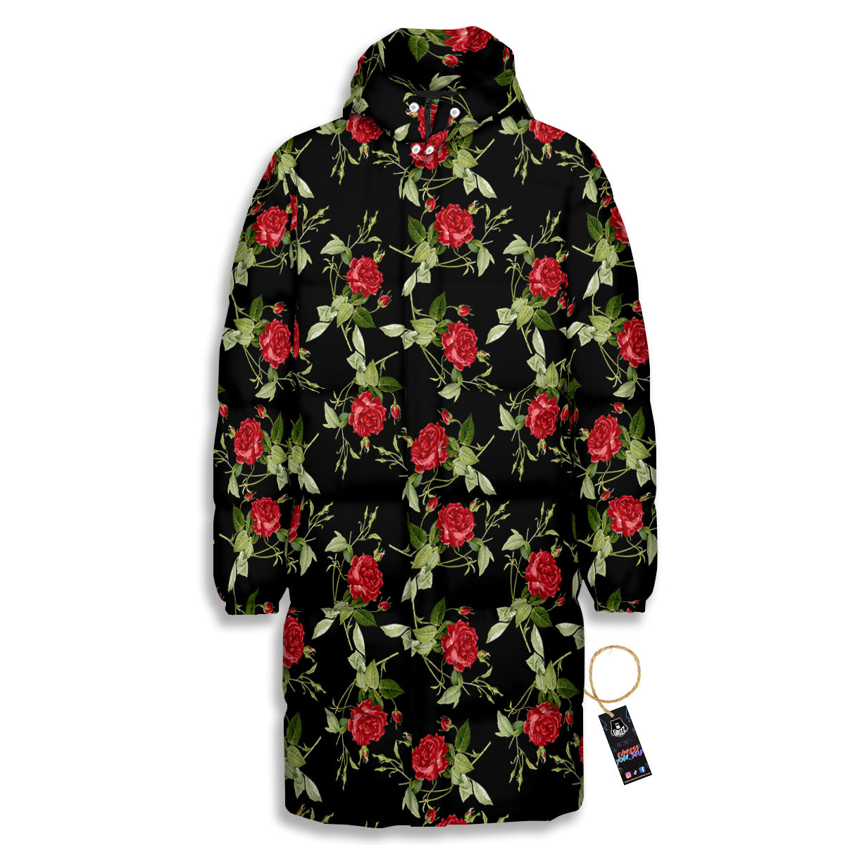Red Rose Flowers Print Pattern Long Down Jacket-grizzshop
