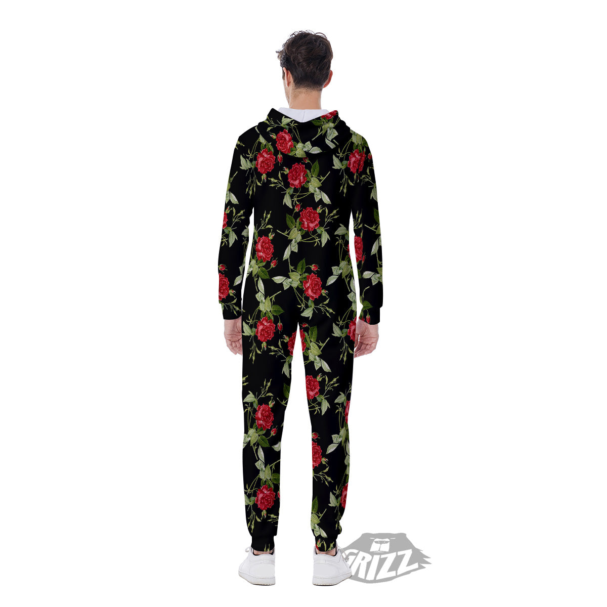Red Rose Flowers Print Pattern Men's Jumpsuit-grizzshop