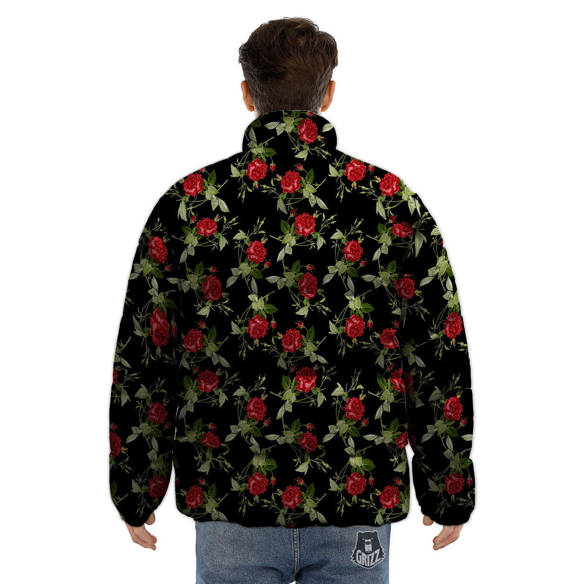 Red Rose Flowers Print Pattern Puffer Jacket-grizzshop