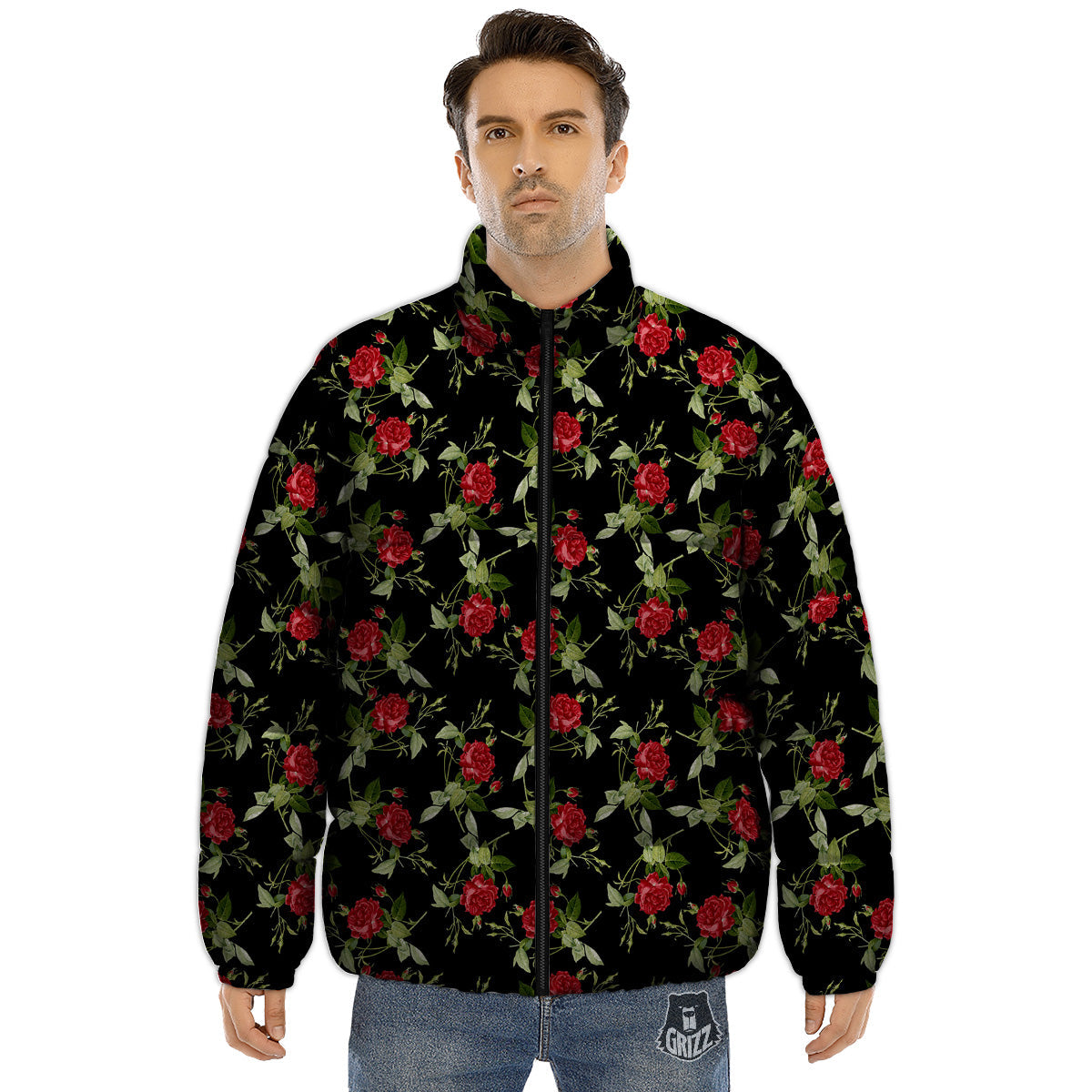 Red Rose Flowers Print Pattern Puffer Jacket-grizzshop