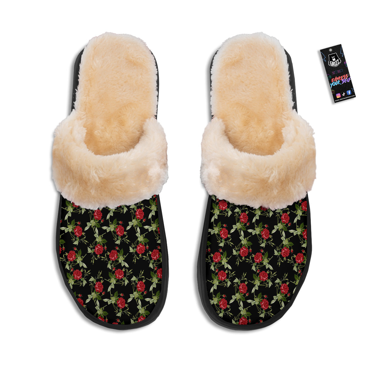 Red Rose Flowers Print Pattern Slippers-grizzshop