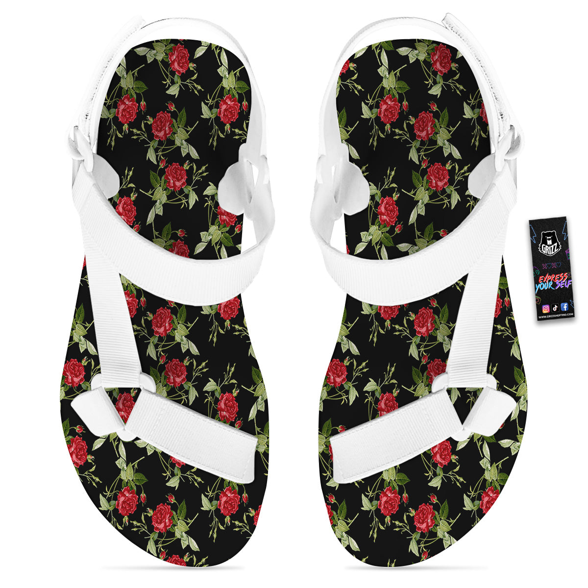 Red Rose Flowers Print Pattern White Open Toe Sandals-grizzshop