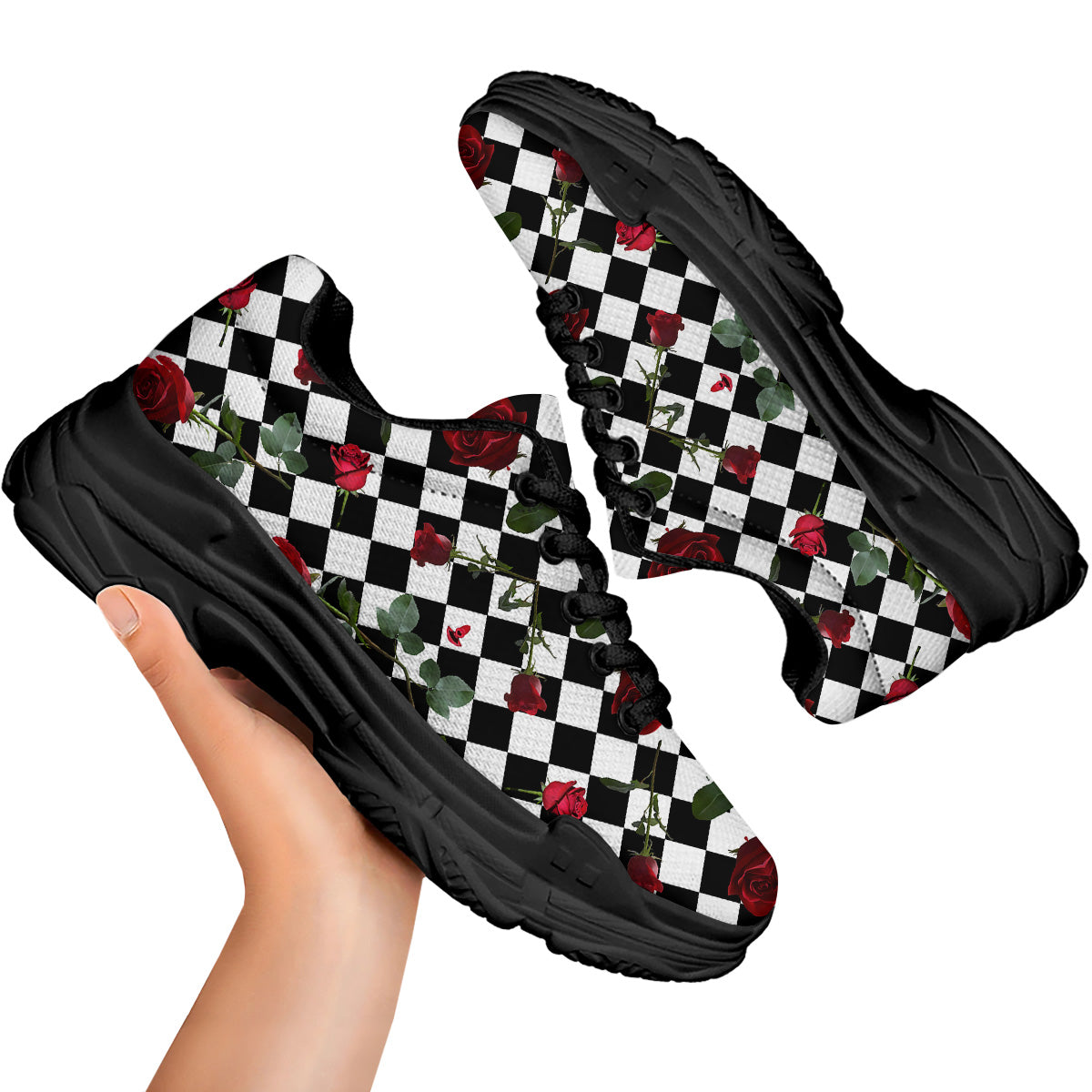 Red Roses And Argyle Print Pattern Black Chunky Shoes-grizzshop