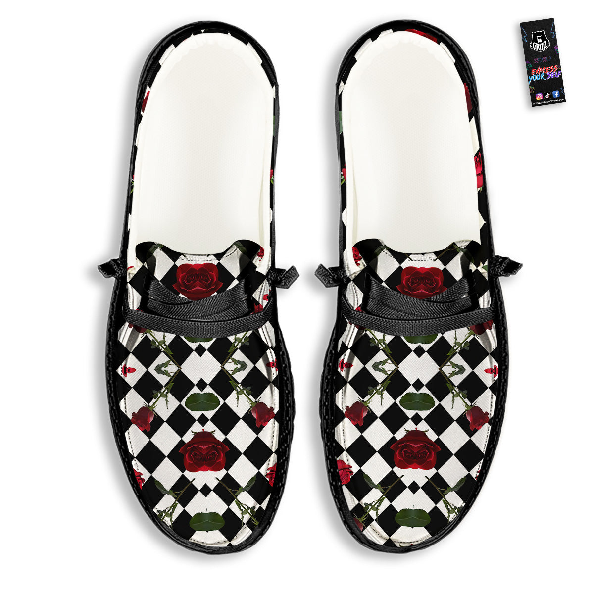 Red Roses And Argyle Print Pattern Black Loafers-grizzshop