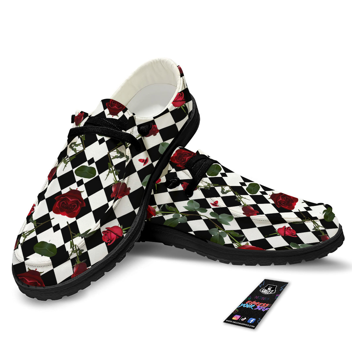 Red Roses And Argyle Print Pattern Black Loafers-grizzshop