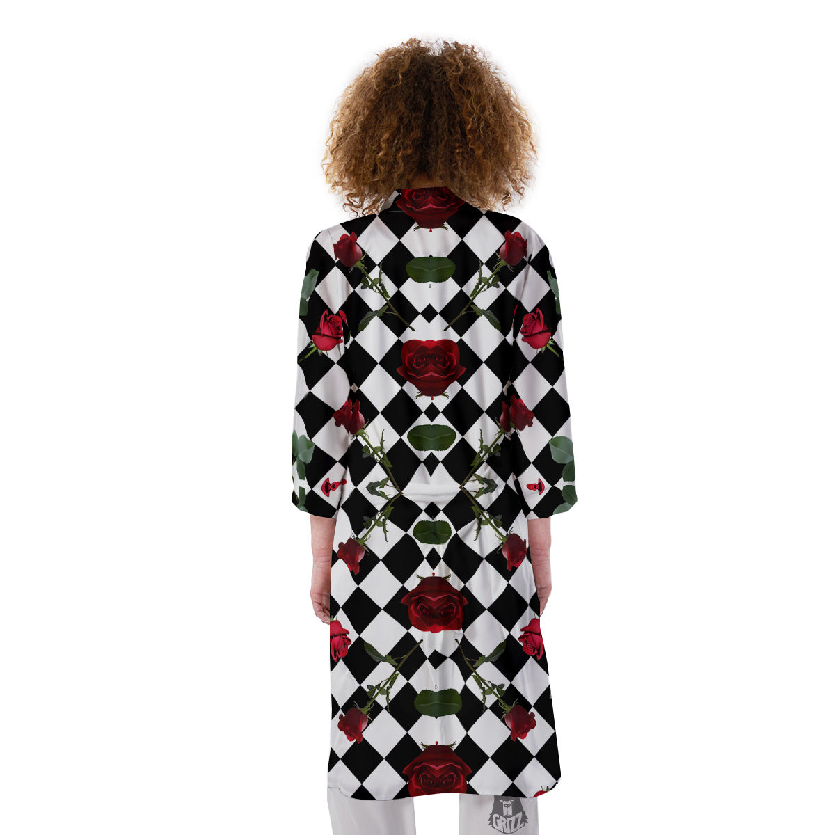 Red Roses And Argyle Print Pattern Kimono-grizzshop