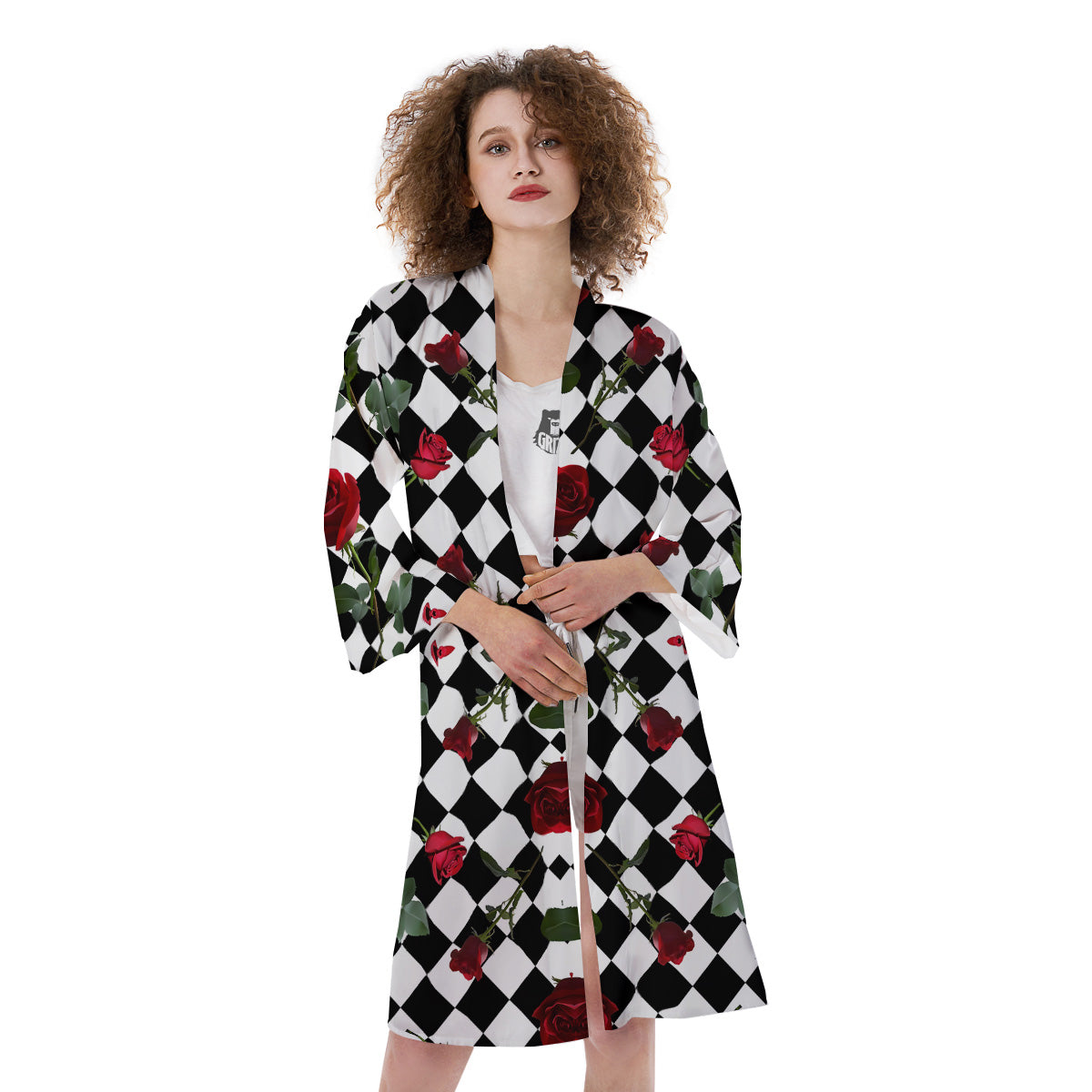 Red Roses And Argyle Print Pattern Kimono-grizzshop
