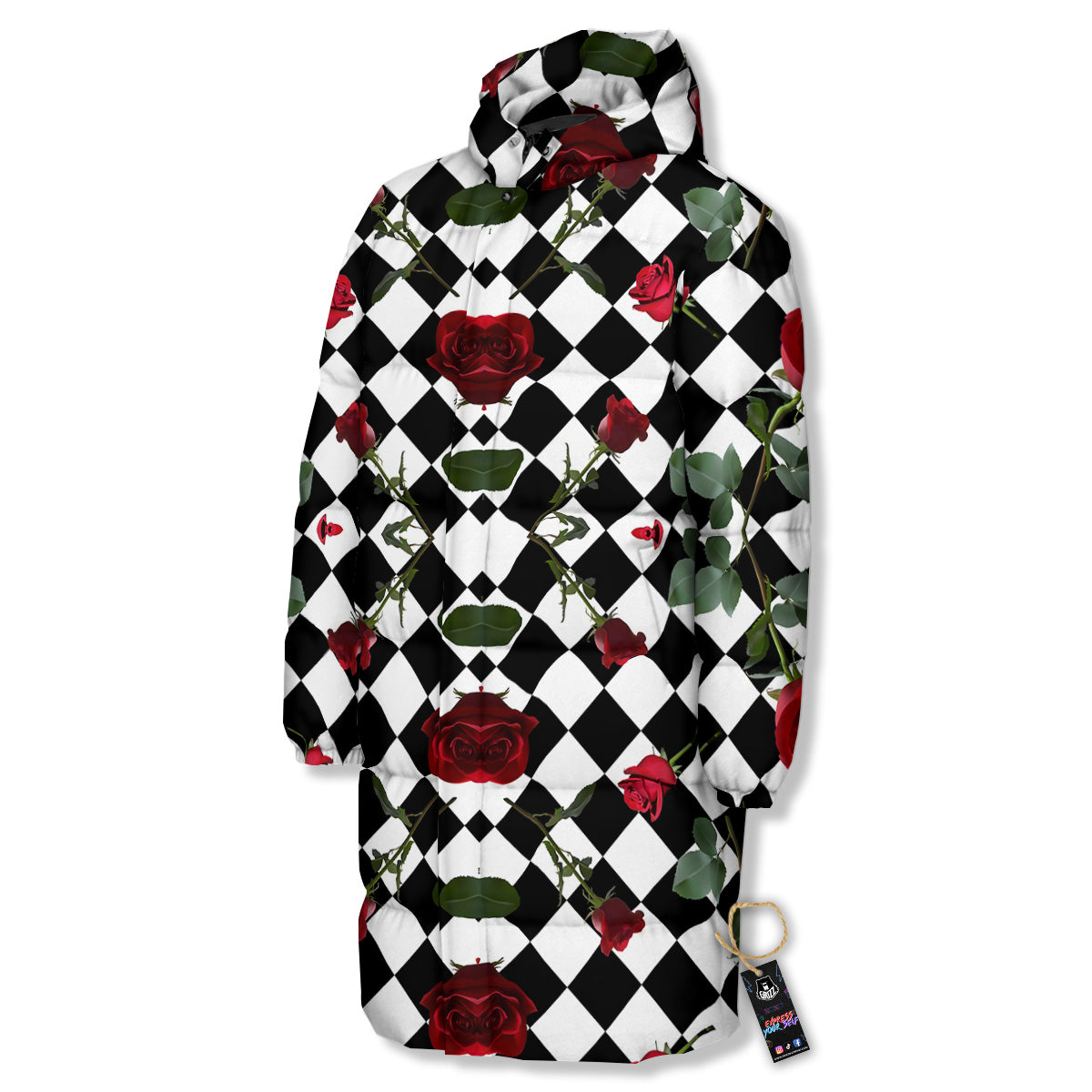 Red Roses And Argyle Print Pattern Long Down Jacket-grizzshop