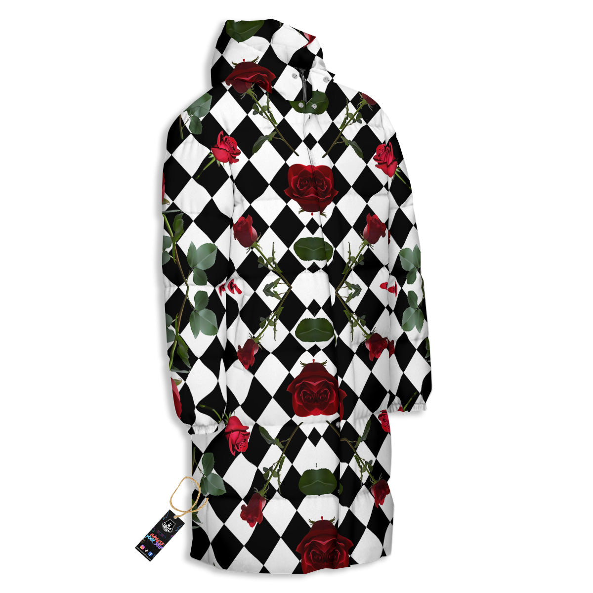 Red Roses And Argyle Print Pattern Long Down Jacket-grizzshop