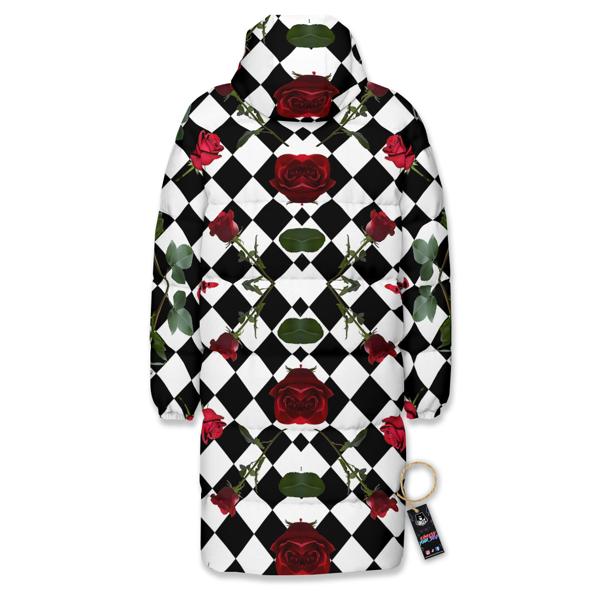Red Roses And Argyle Print Pattern Long Down Jacket-grizzshop