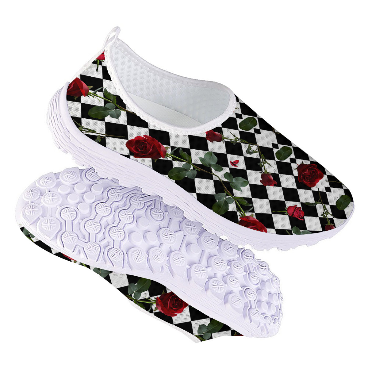 Red Roses And Argyle Print Pattern Nurse Shoes-grizzshop