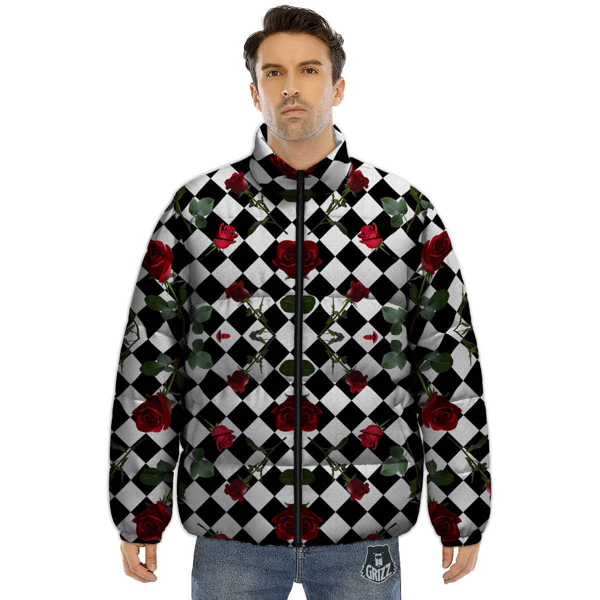 Red Roses And Argyle Print Pattern Puffer Jacket-grizzshop