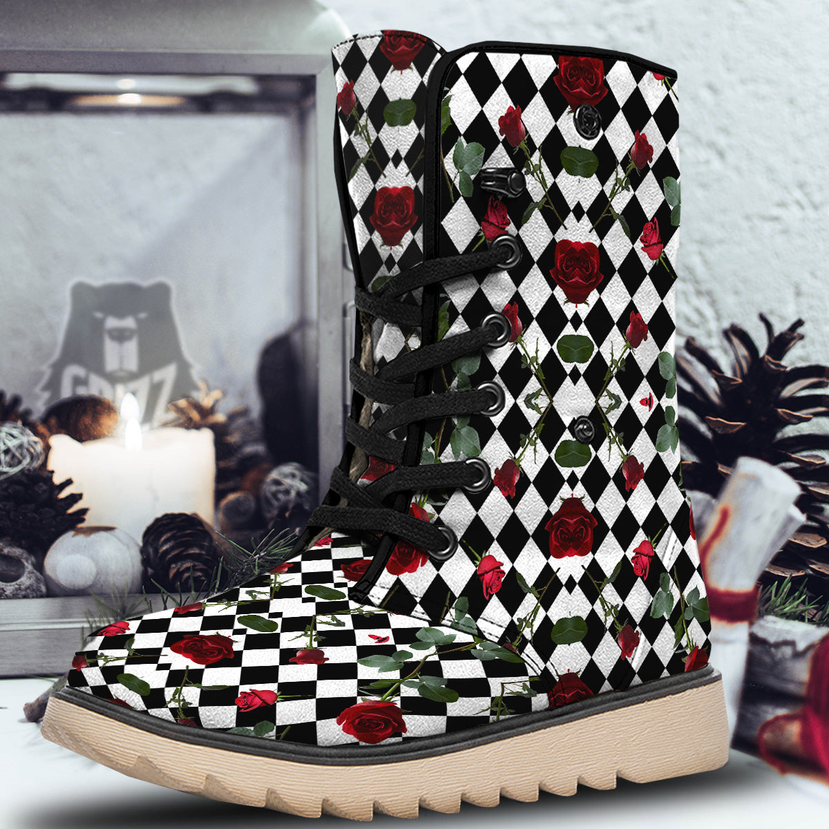 Red Roses And Argyle Print Pattern Snow Boots-grizzshop