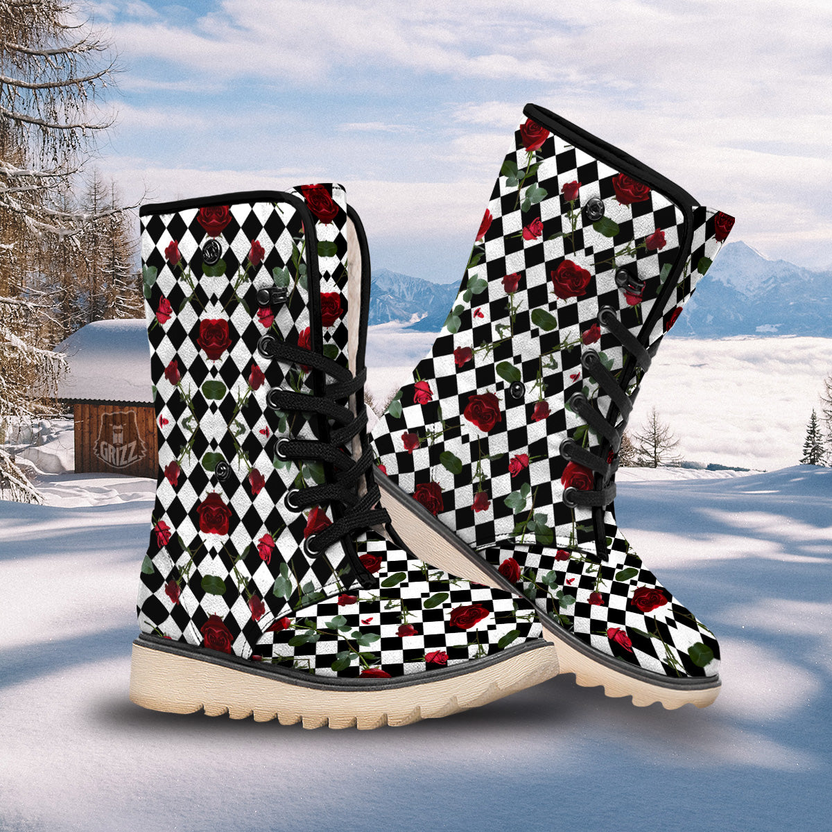 Red Roses And Argyle Print Pattern Snow Boots-grizzshop