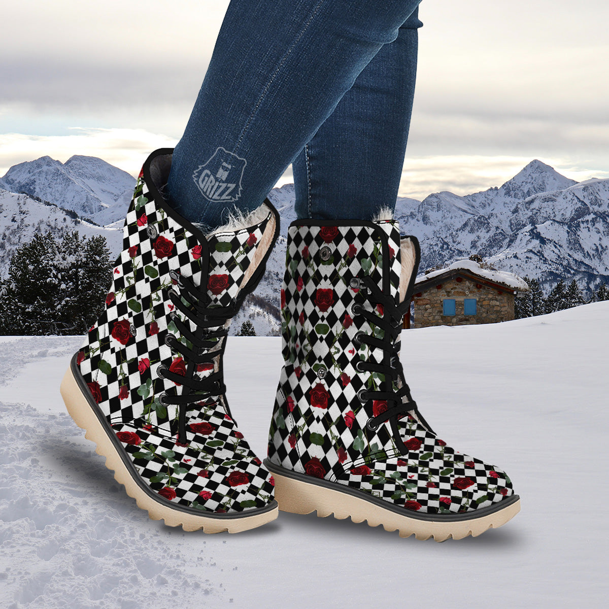 Red Roses And Argyle Print Pattern Snow Boots-grizzshop