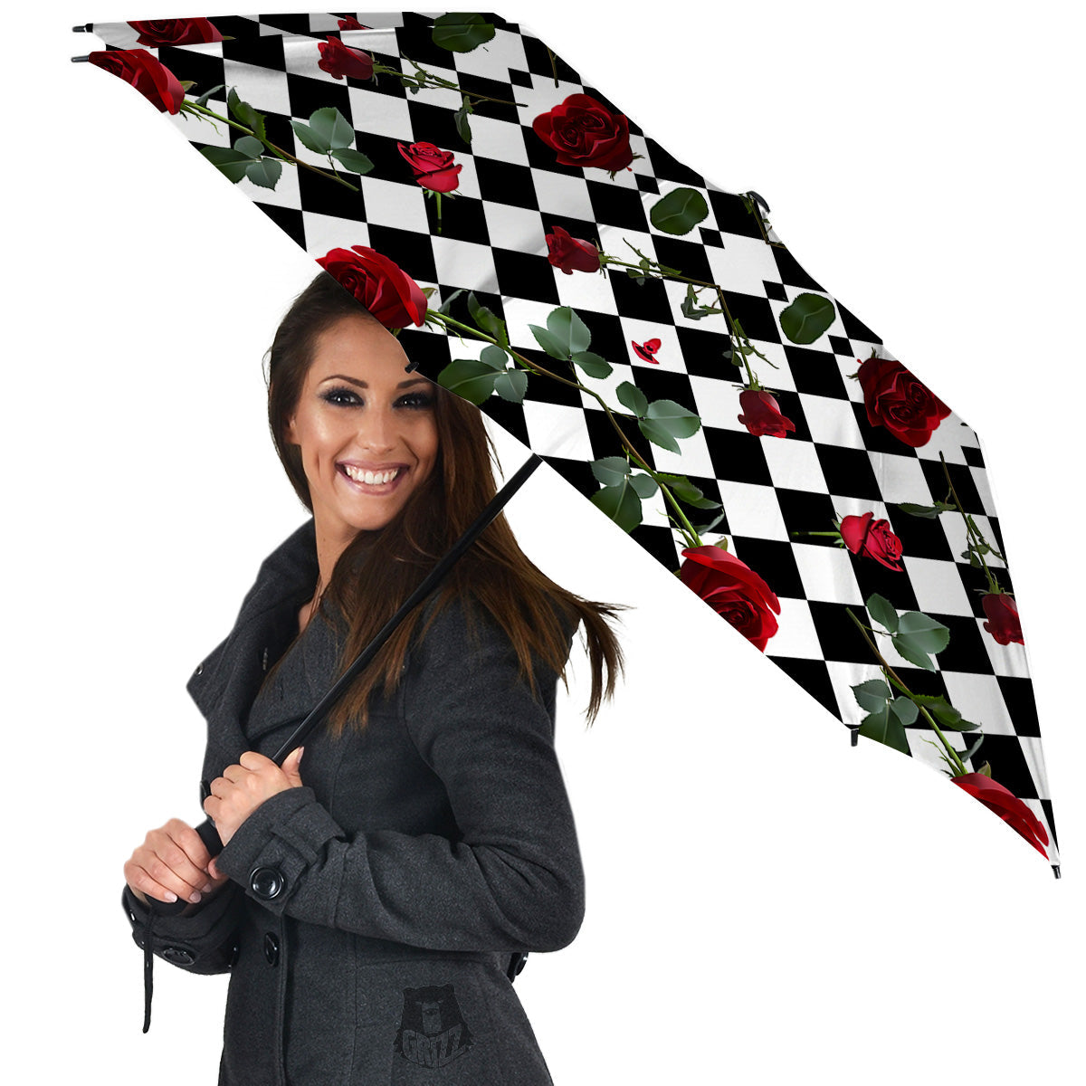 Red Roses And Argyle Print Pattern Umbrella-grizzshop