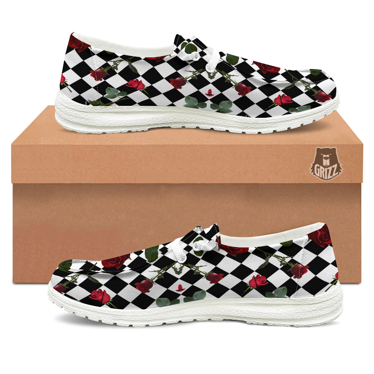 Red Roses And Argyle Print Pattern White Loafers-grizzshop