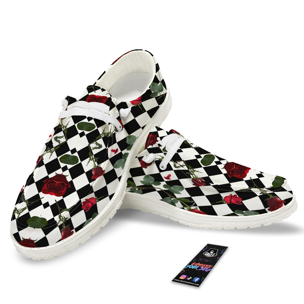 Red Roses And Argyle Print Pattern White Loafers-grizzshop