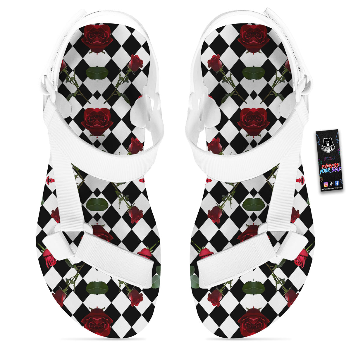 Red Roses And Argyle Print Pattern White Open Toe Sandals-grizzshop