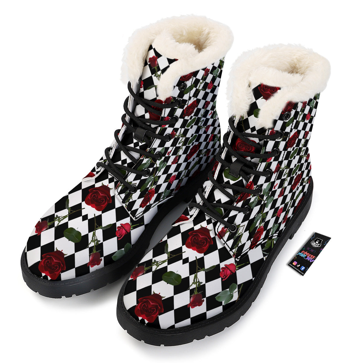 Red Roses And Argyle Print Pattern Winter Boots-grizzshop
