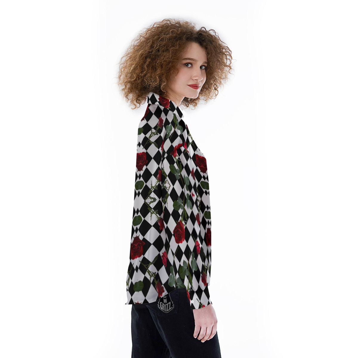 Red Roses And Argyle Print Pattern Women's Long Sleeve Shirts-grizzshop