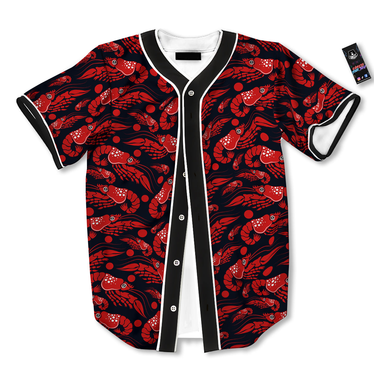 Red Shrimps Print Pattern Baseball Jersey-grizzshop