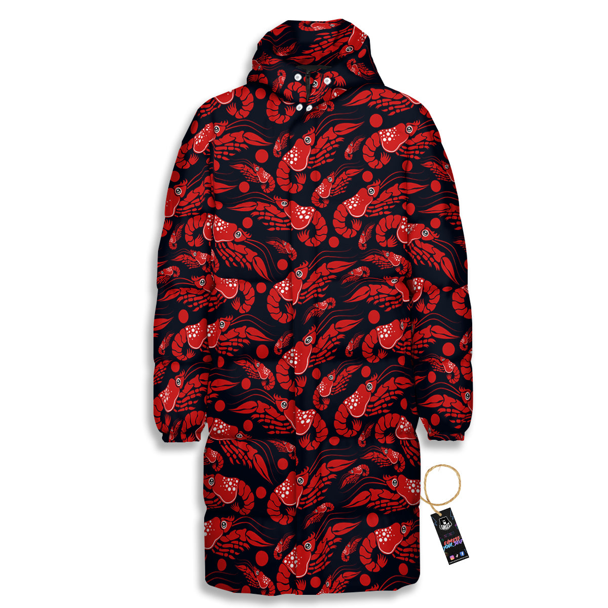 Red Shrimps Print Pattern Long Down Jacket-grizzshop