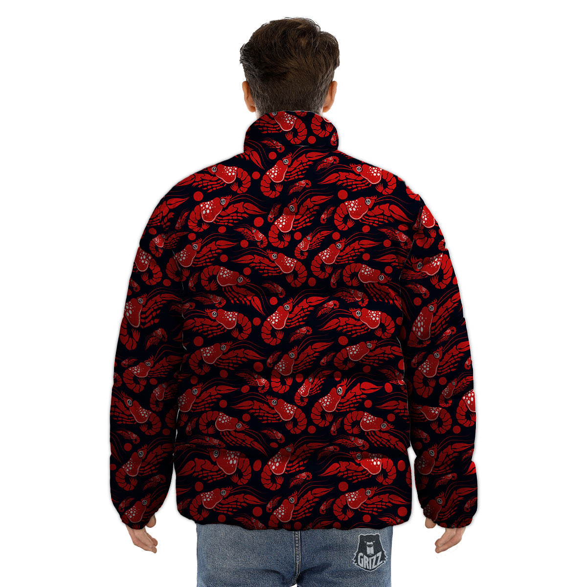 Red Shrimps Print Pattern Puffer Jacket-grizzshop