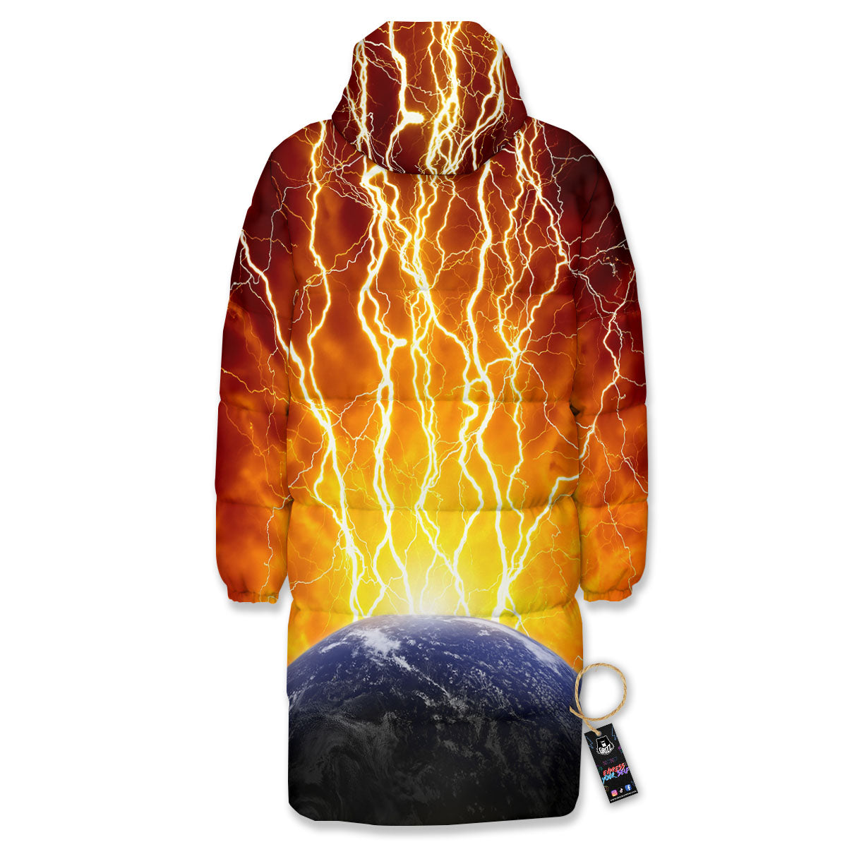 Red Sky With Lightnings Print Long Down Jacket-grizzshop