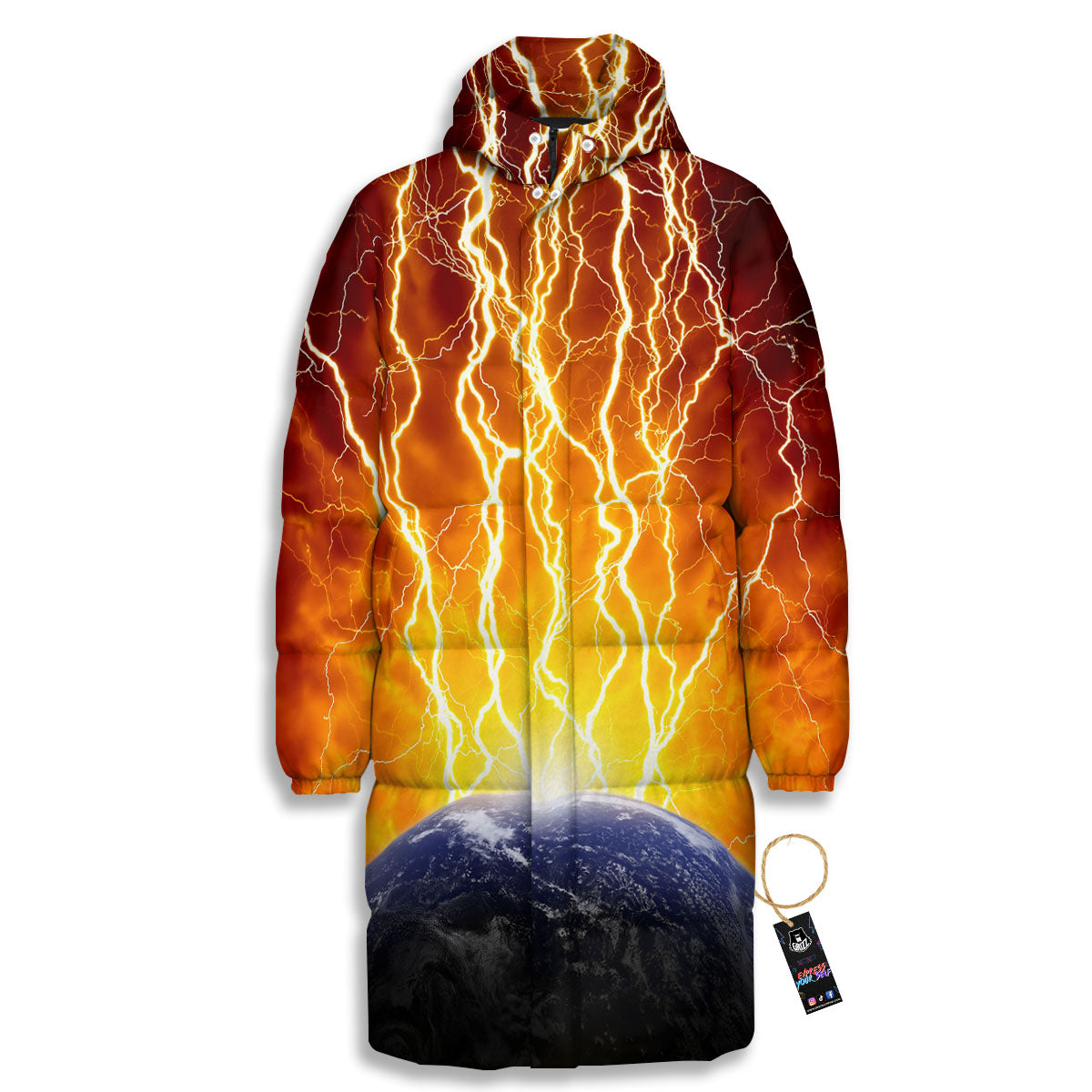 Red Sky With Lightnings Print Long Down Jacket-grizzshop