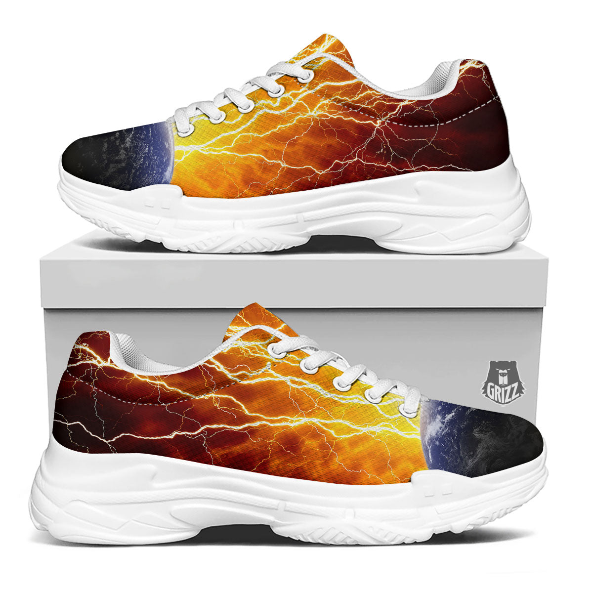 Red Sky With Lightnings Print White Chunky Shoes-grizzshop