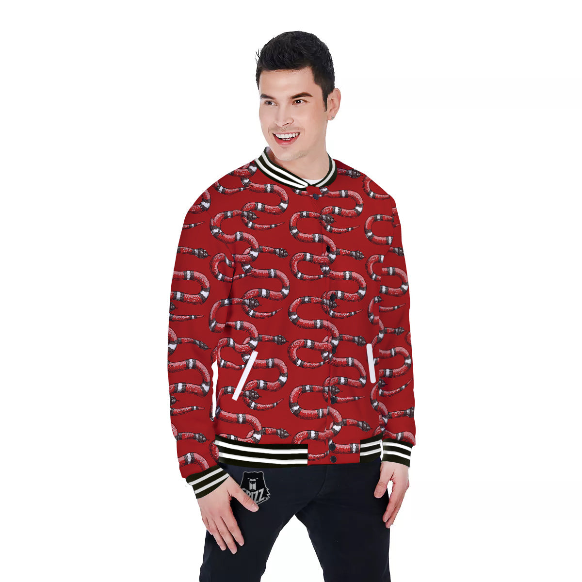 Red Snake Drawing Color Print Pattern Baseball Jacket-grizzshop
