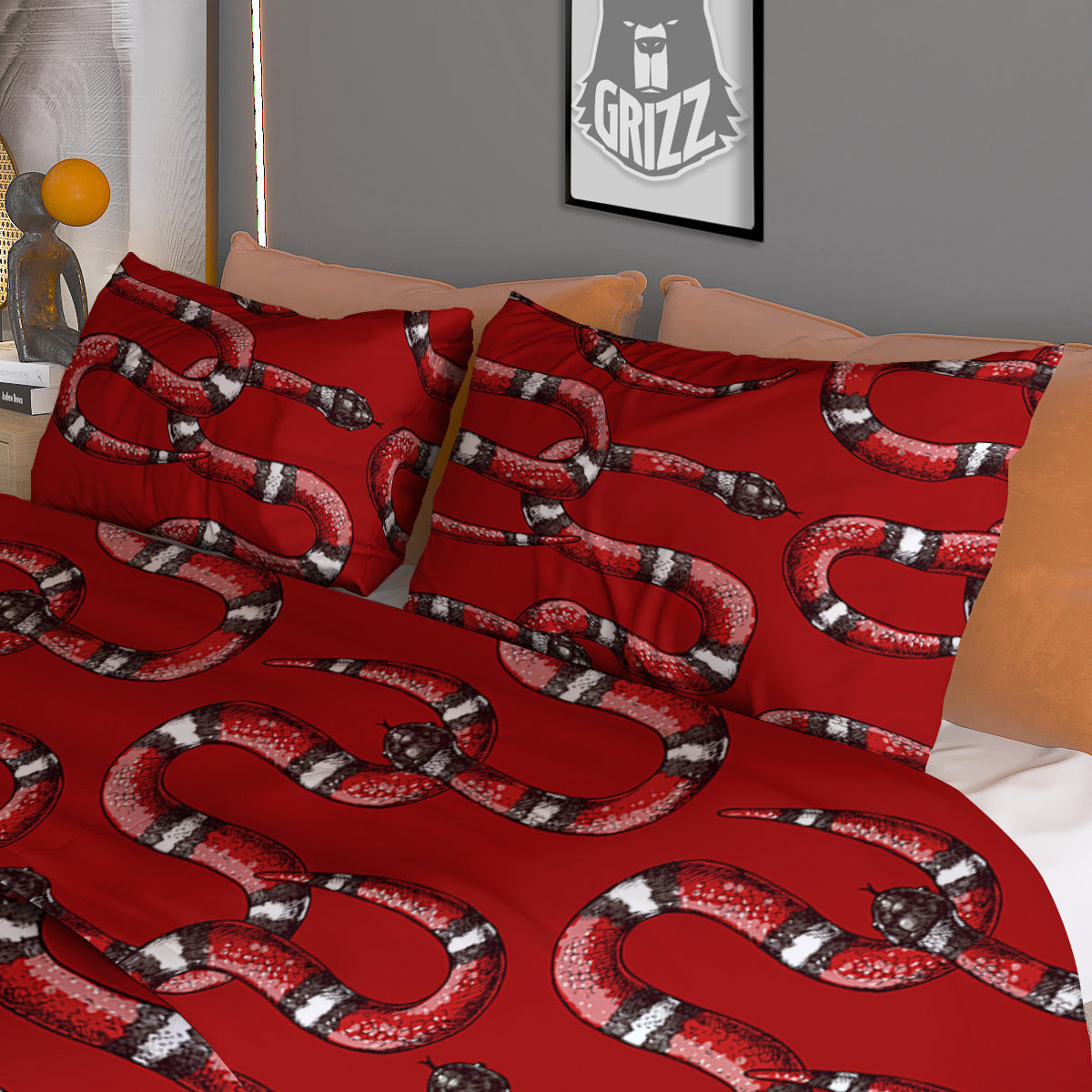 Red Snake Drawing Color Print Pattern Duvet Cover Bedding Set