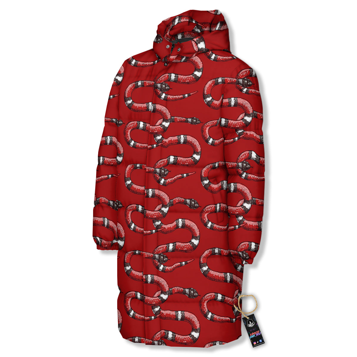 Red Snake Drawing Color Print Pattern Long Down Jacket-grizzshop