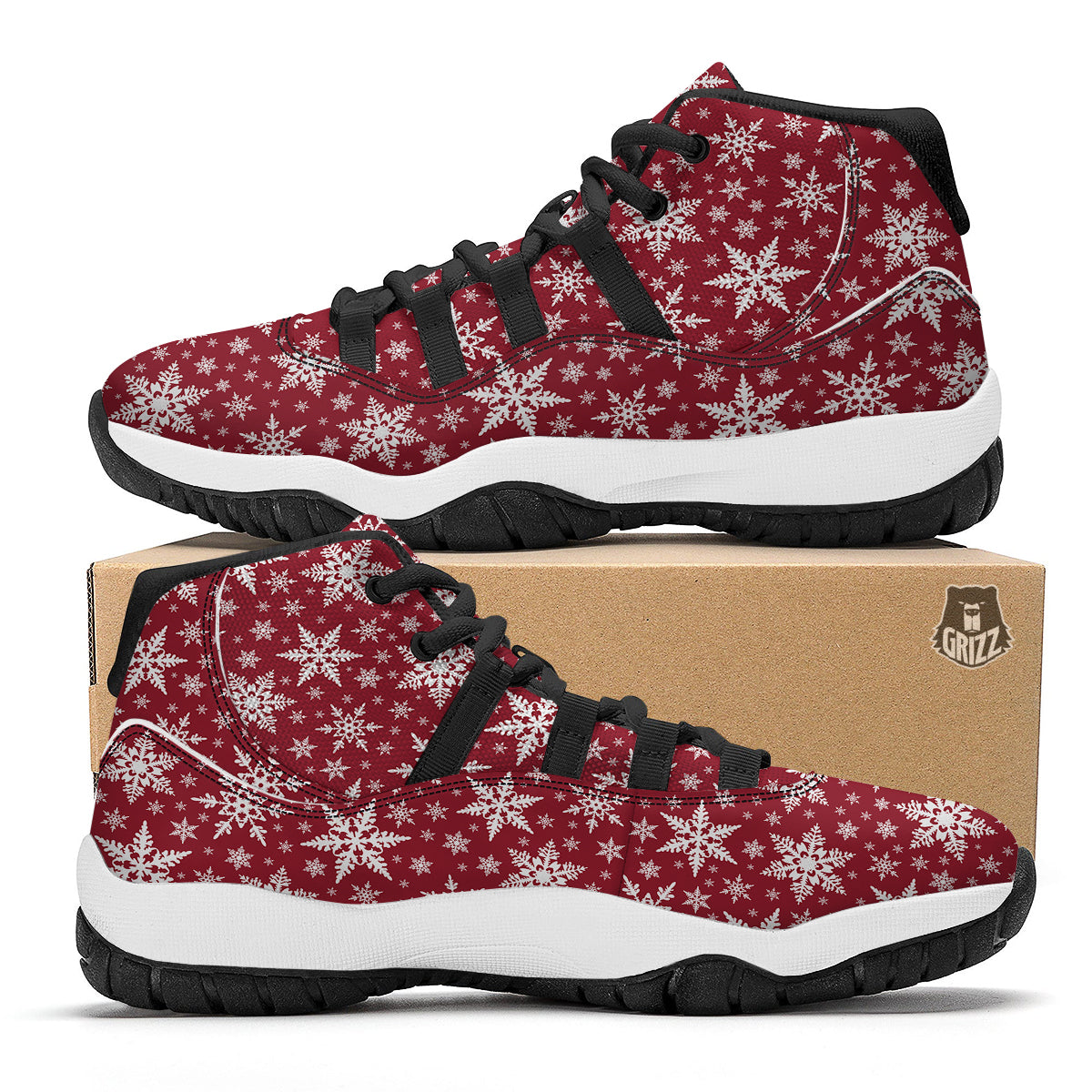Red Snowflake Pattern Print Black Bball Shoes-grizzshop