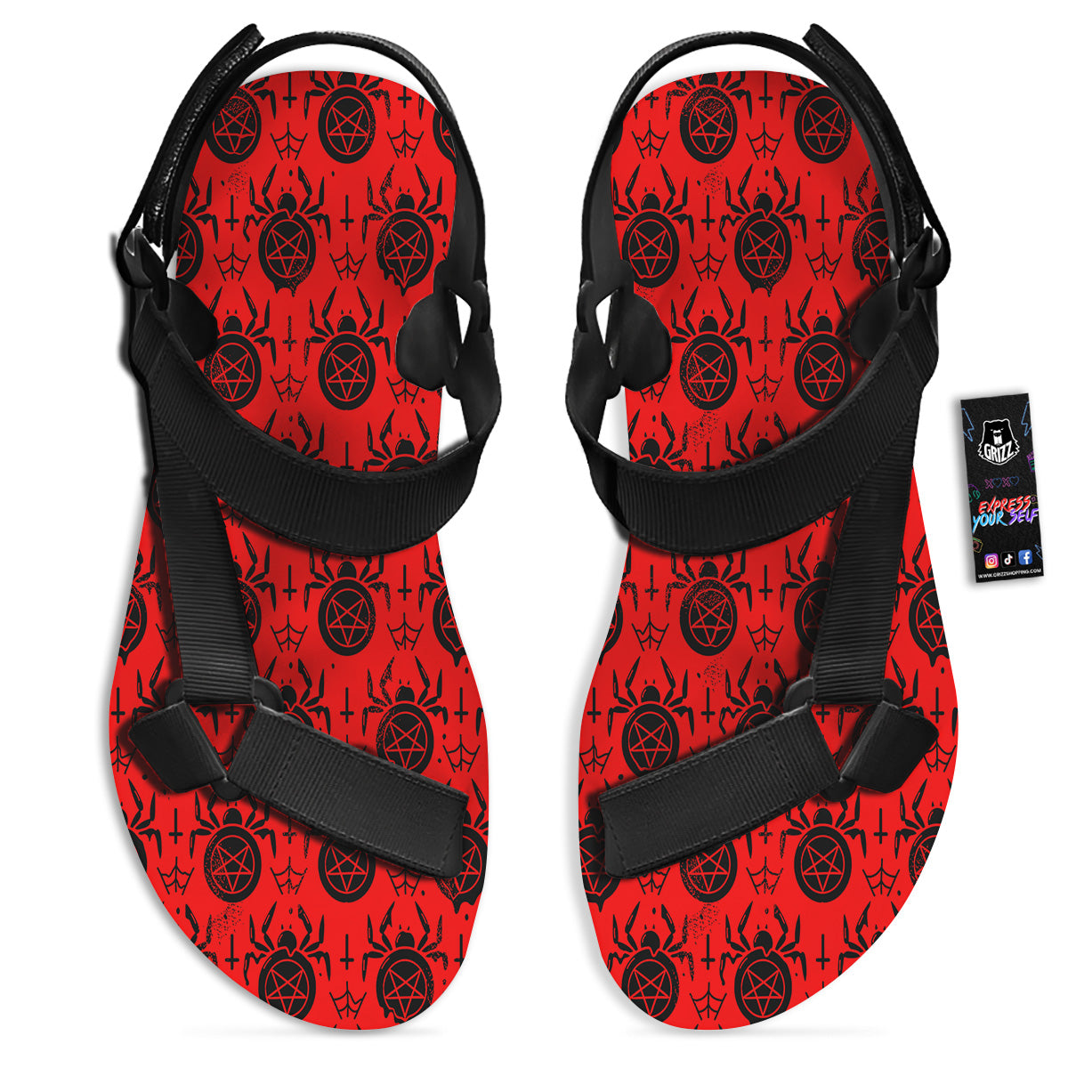 Red Spider Pentagram Print Pattern Black Open Toe Sandals-grizzshop