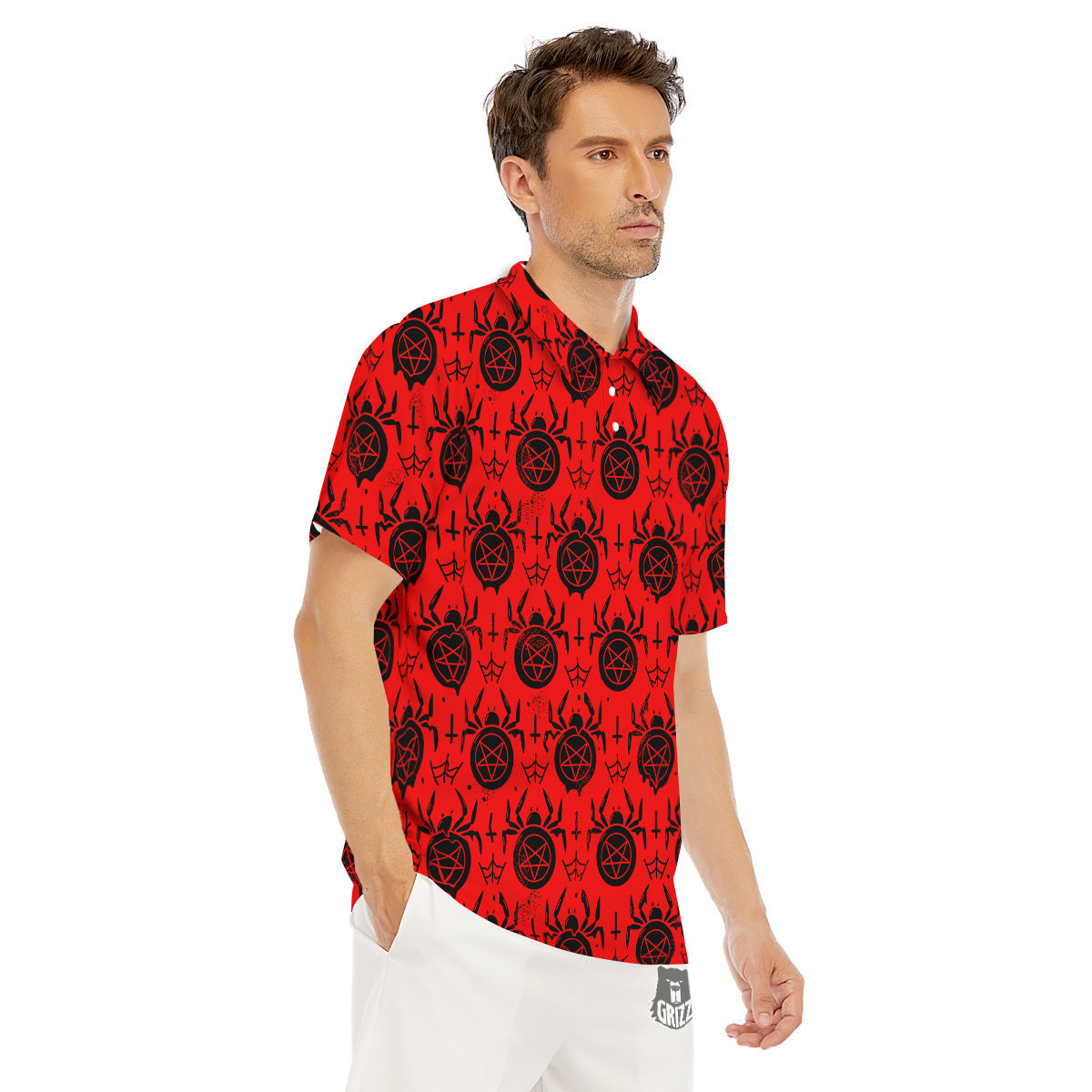 Red Spider Pentagram Print Pattern Men's Golf Shirts-grizzshop