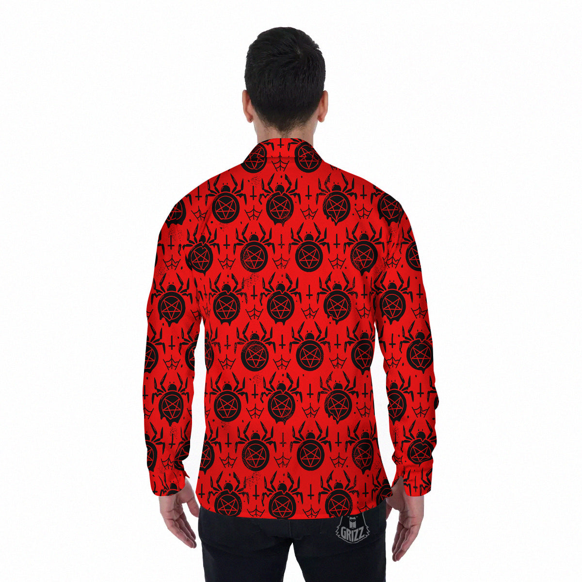 Red Spider Pentagram Print Pattern Men's Long Sleeve Shirts-grizzshop