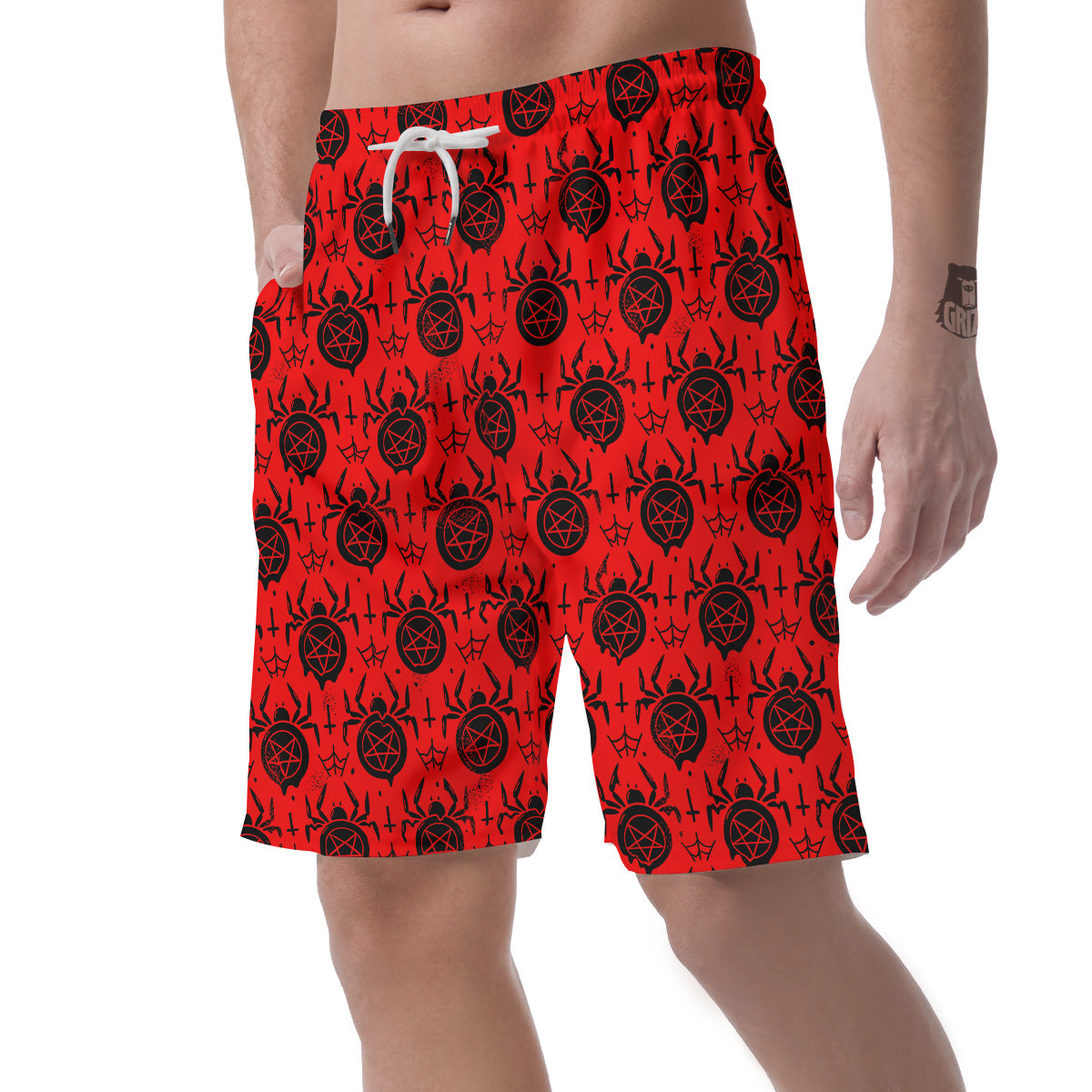 Red Spider Pentagram Print Pattern Men's Shorts-grizzshop