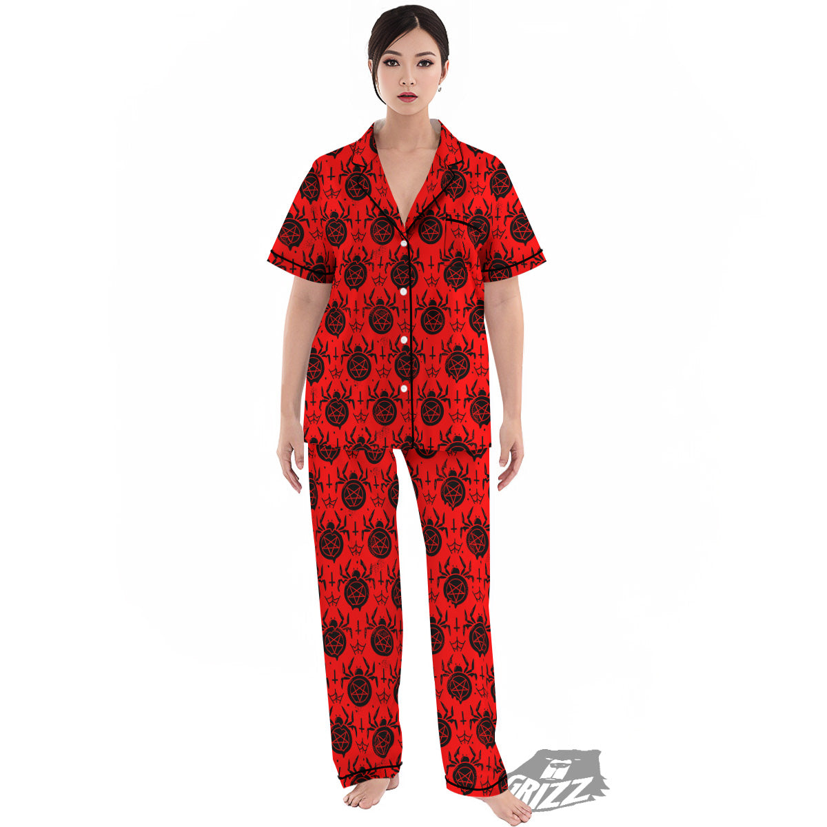 Red Spider Pentagram Print Pattern Women's Pajamas Set-grizzshop