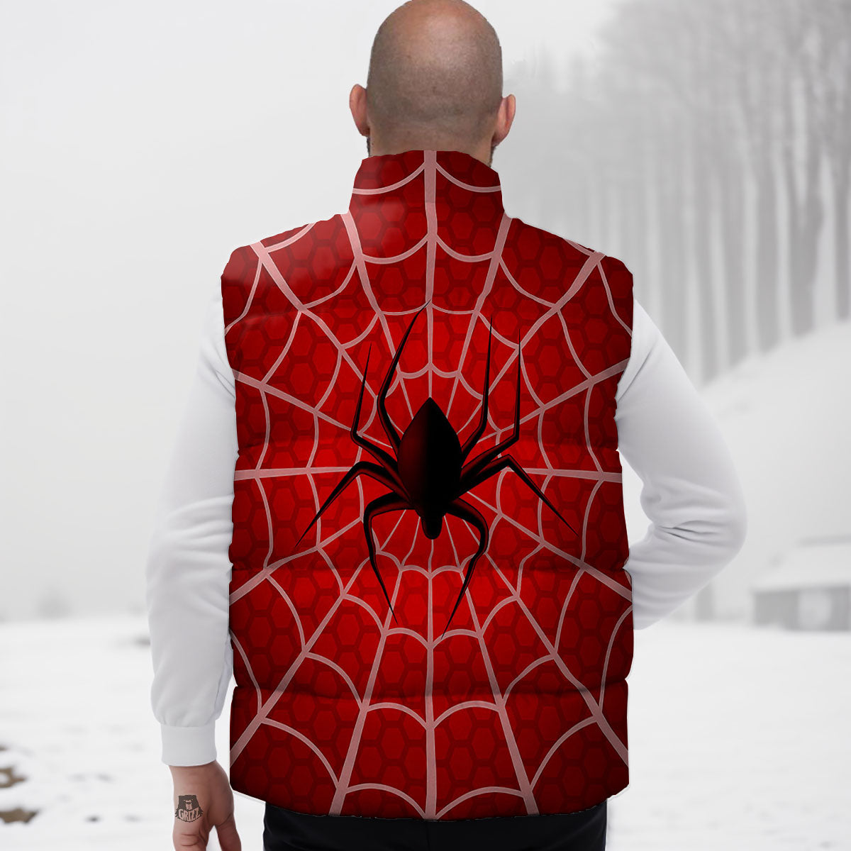 Red Spider Web Cobweb trap Print Down Vest-grizzshop
