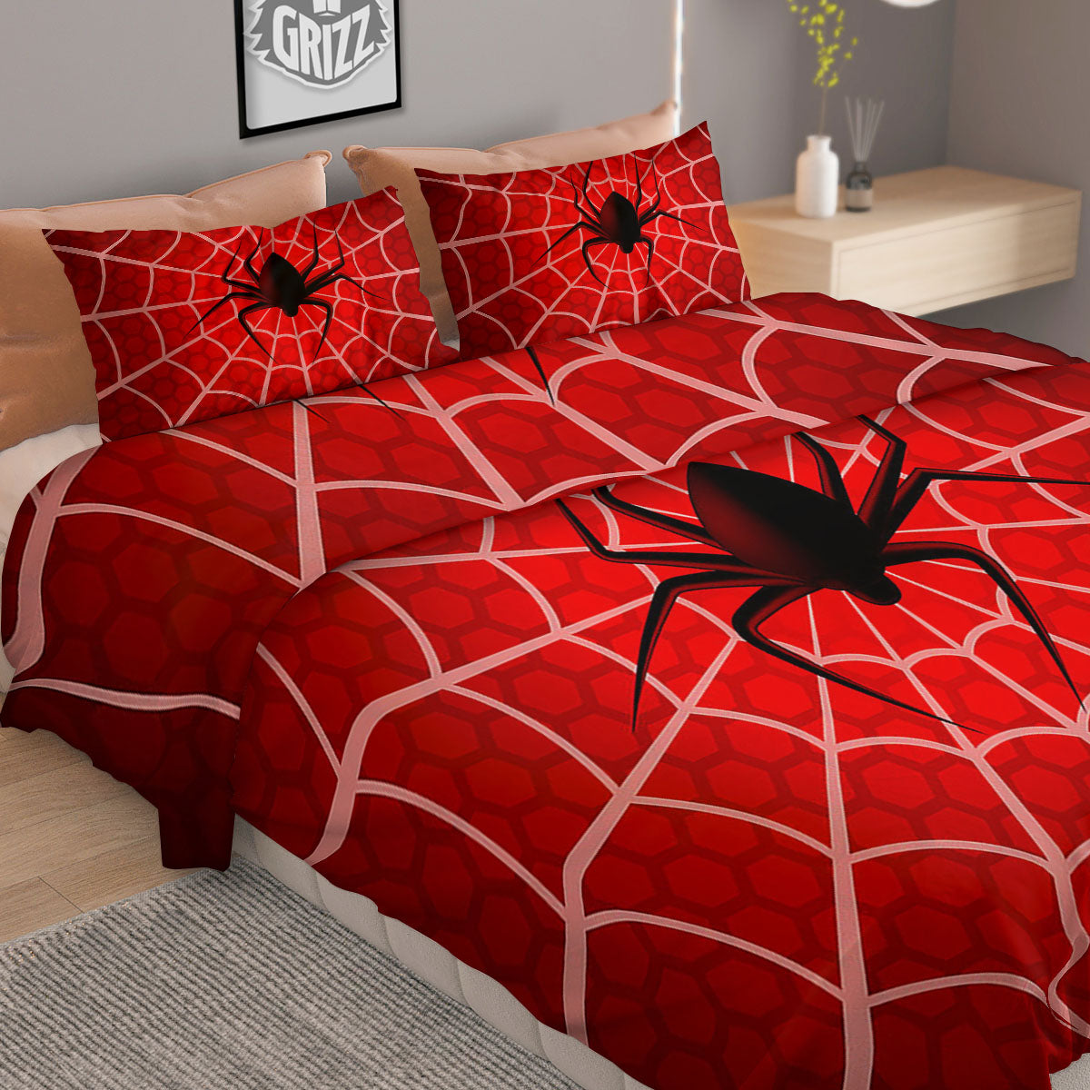 Red Spider Web Cobweb trap Print Duvet Cover Bedding Set