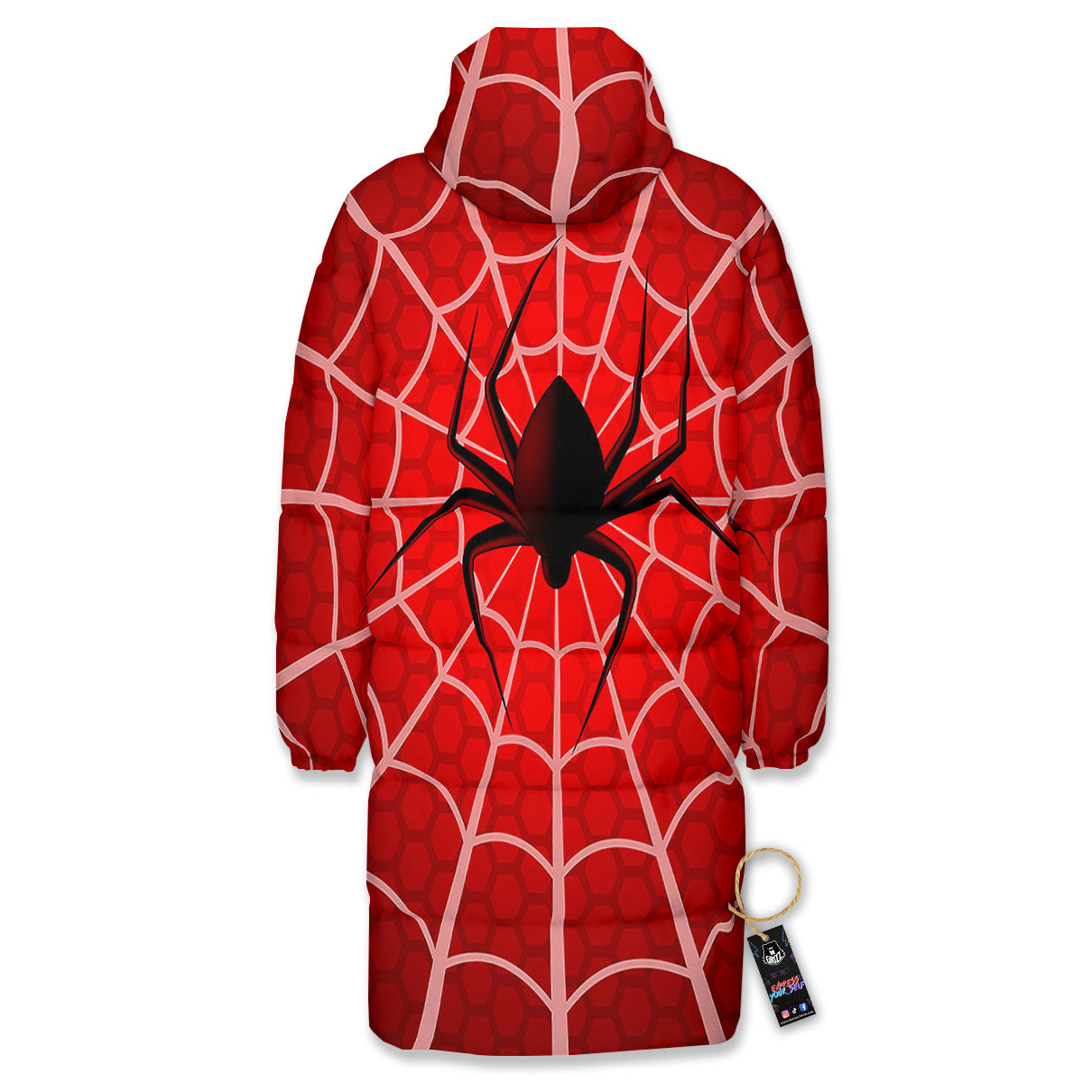 Red Spider Web Cobweb trap Print Long Down Jacket-grizzshop