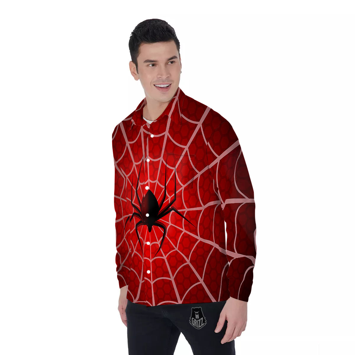 Red Spider Web Cobweb trap Print Men's Long Sleeve Shirts-grizzshop
