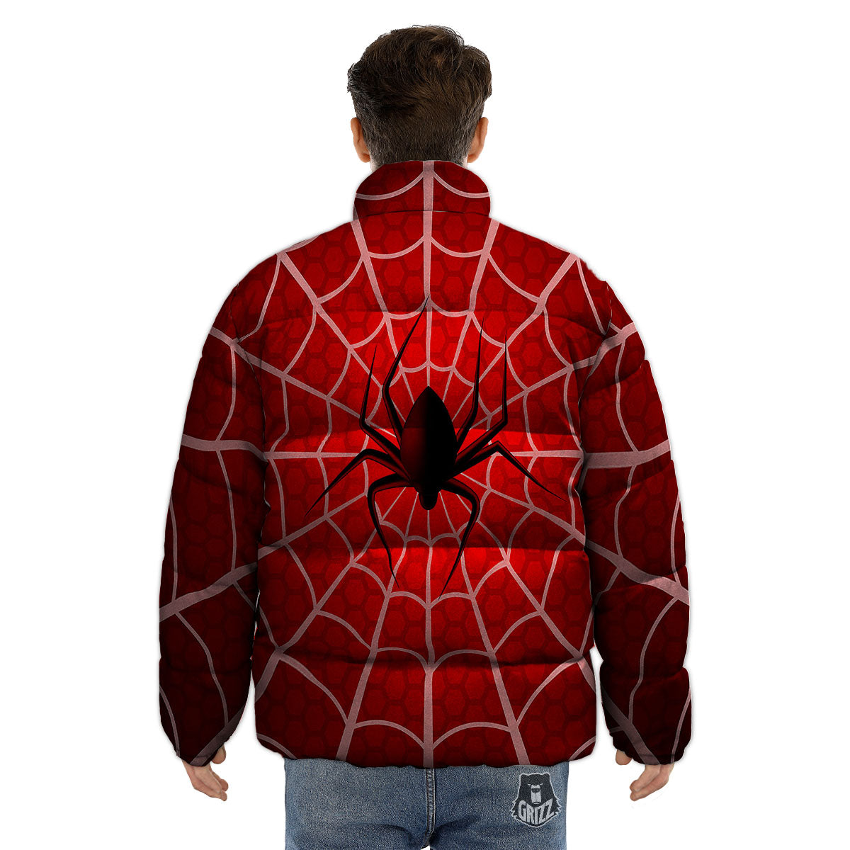 Red Spider Web Cobweb trap Print Puffer Jacket-grizzshop